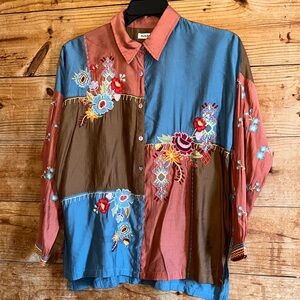 Paparazzi Colorblock Embroidered Button-Up Shirt - Blue, Brown & Rust